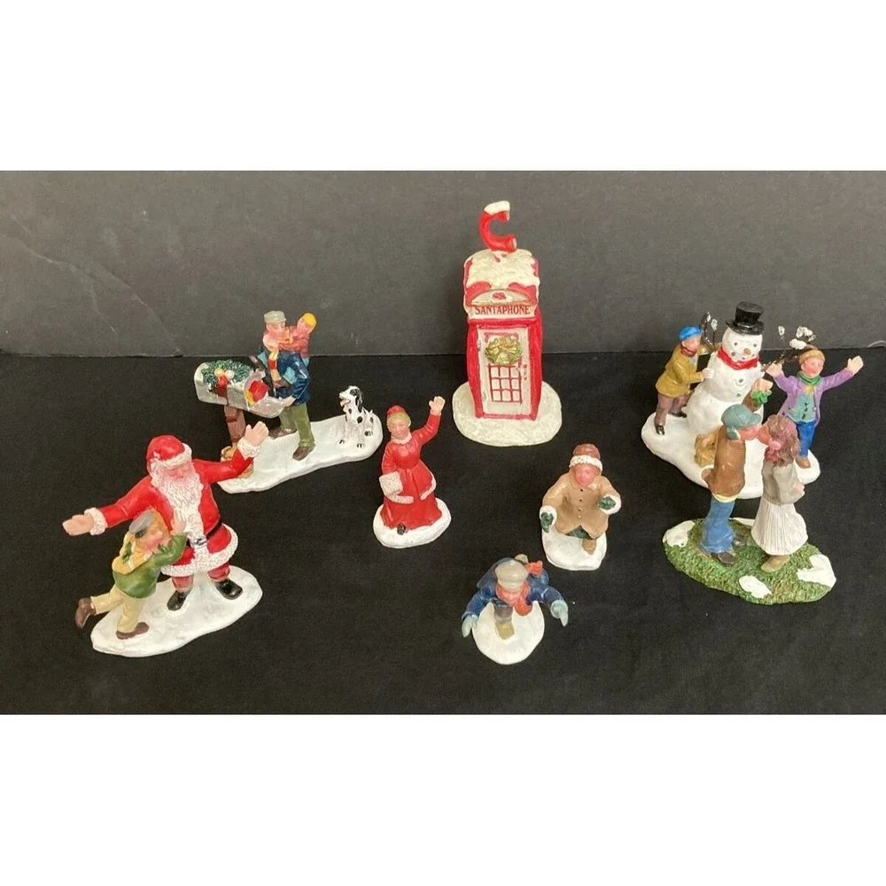 Vtg Lemax Mini Figurines‎ Lot of 8 Santa Phone Booth Skaters Snowman Resin 90s